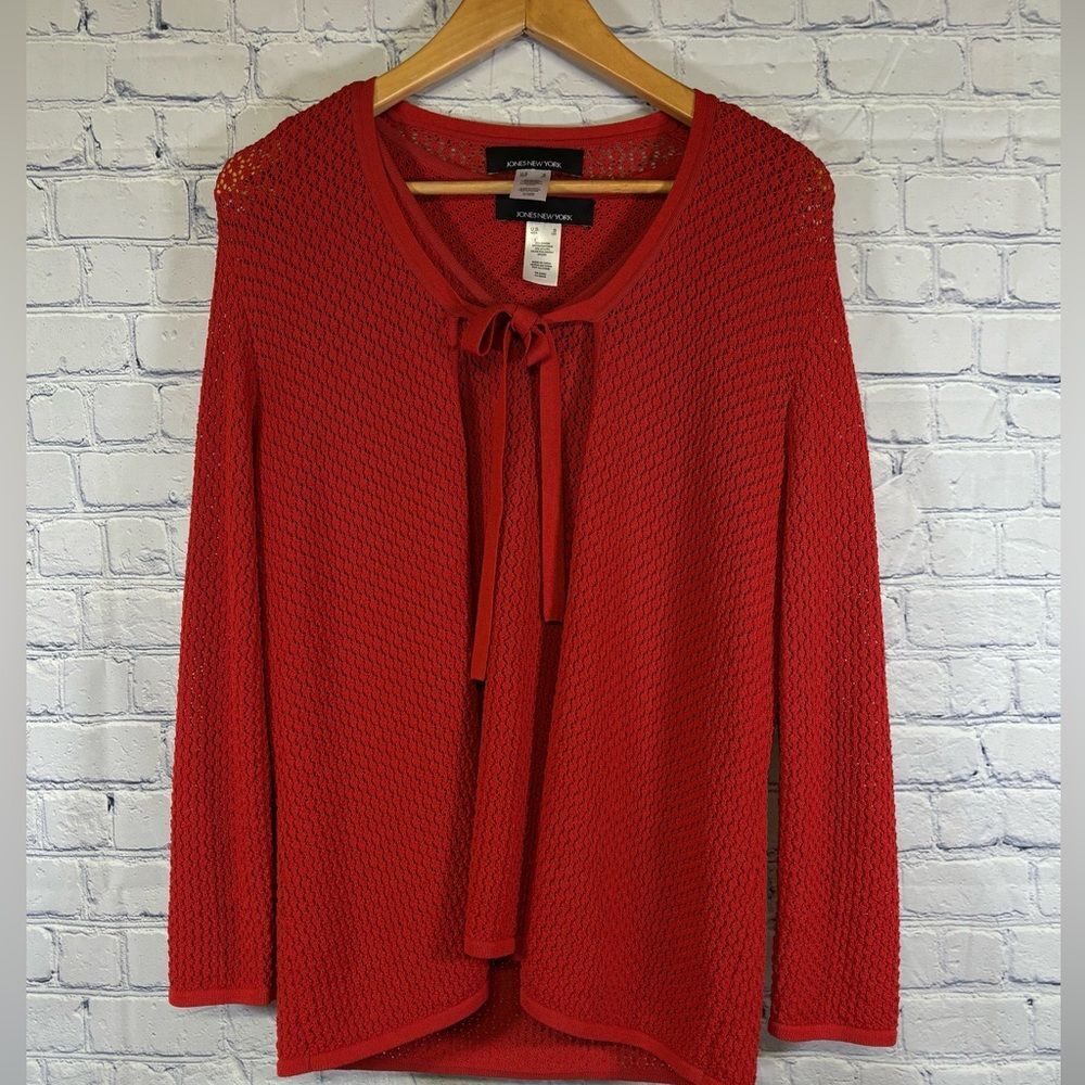 JONES NEW YORK Red Pointelle Textured Vest and Long Sleeve Tie Front Cardigan L